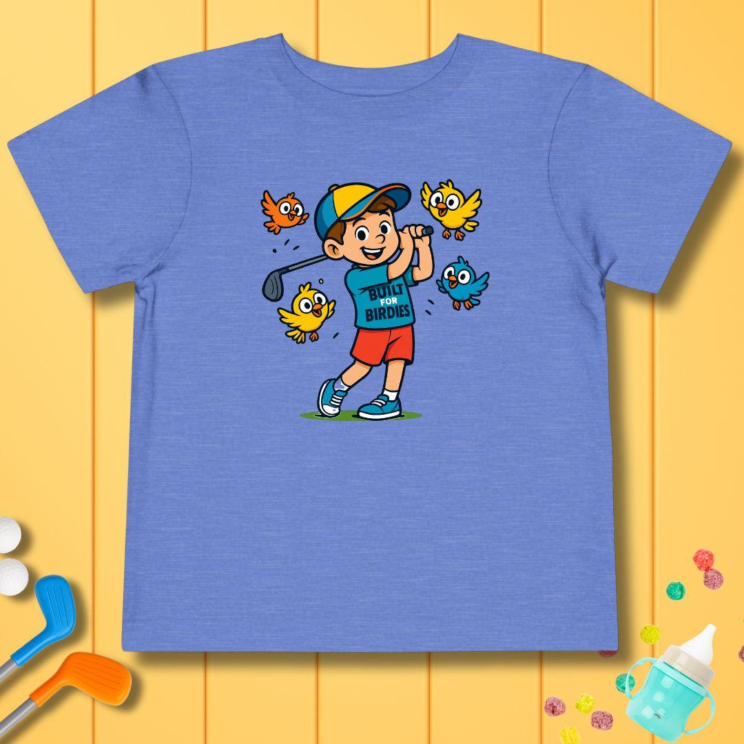 Built for Birdies Toddler T-Shirt in Heather Columbia Blue, great for casual wear. Find more fun golf focused products at oneforetheages.com