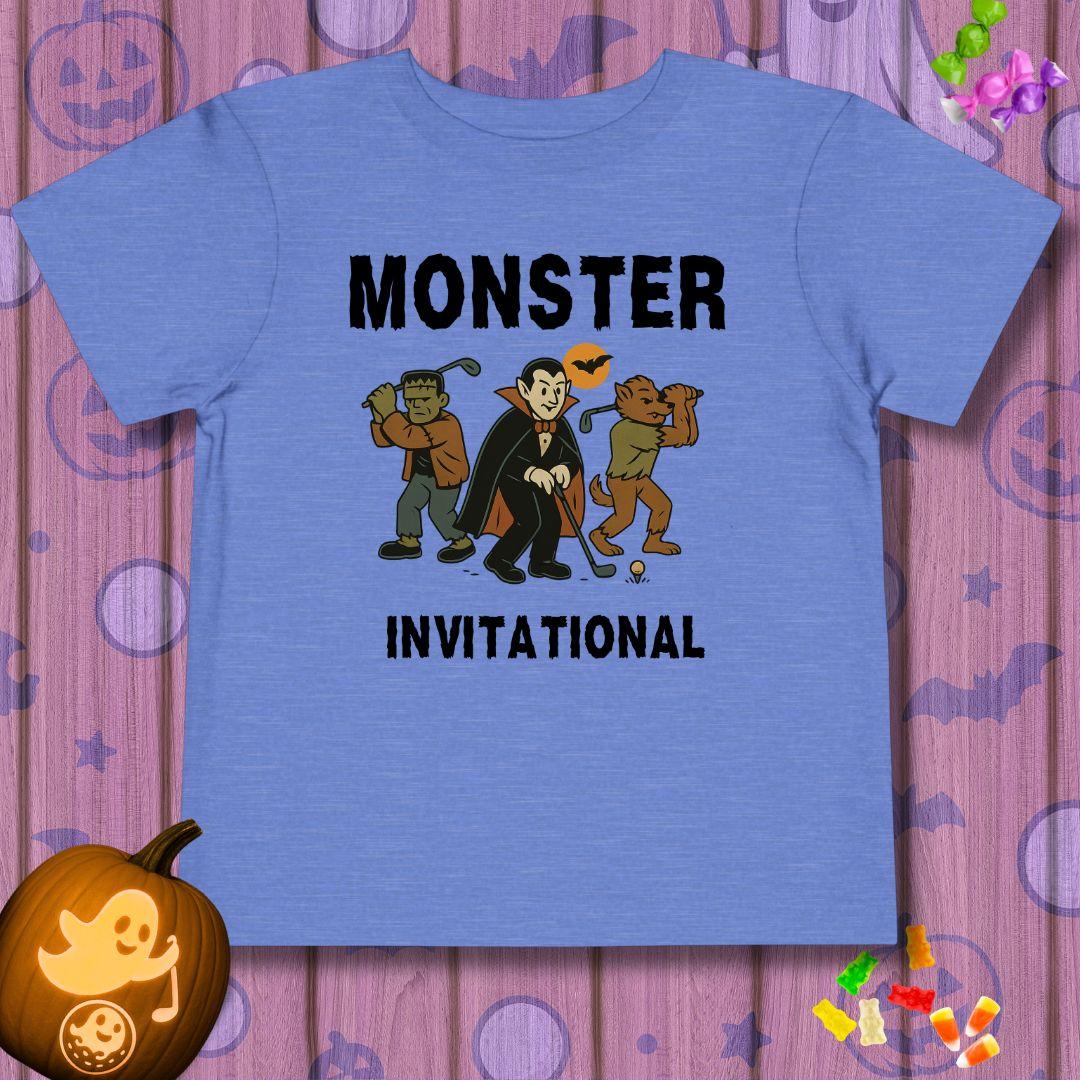 Monster Invitational - Toddler Halloween T-shirt in Heather Columbia Blue, great for casual wear. Find more fun golf focused products at oneforetheages.com