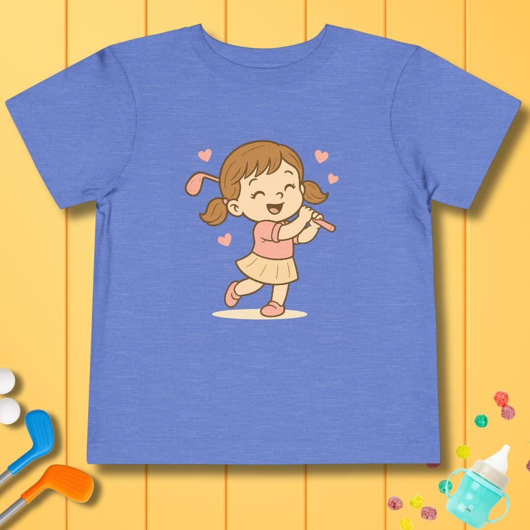 Happy Golfer Girl - Toddler T-Shirt in Heather Columbia Blue, great for casual wear. Find more fun golf focused products at oneforetheages.com