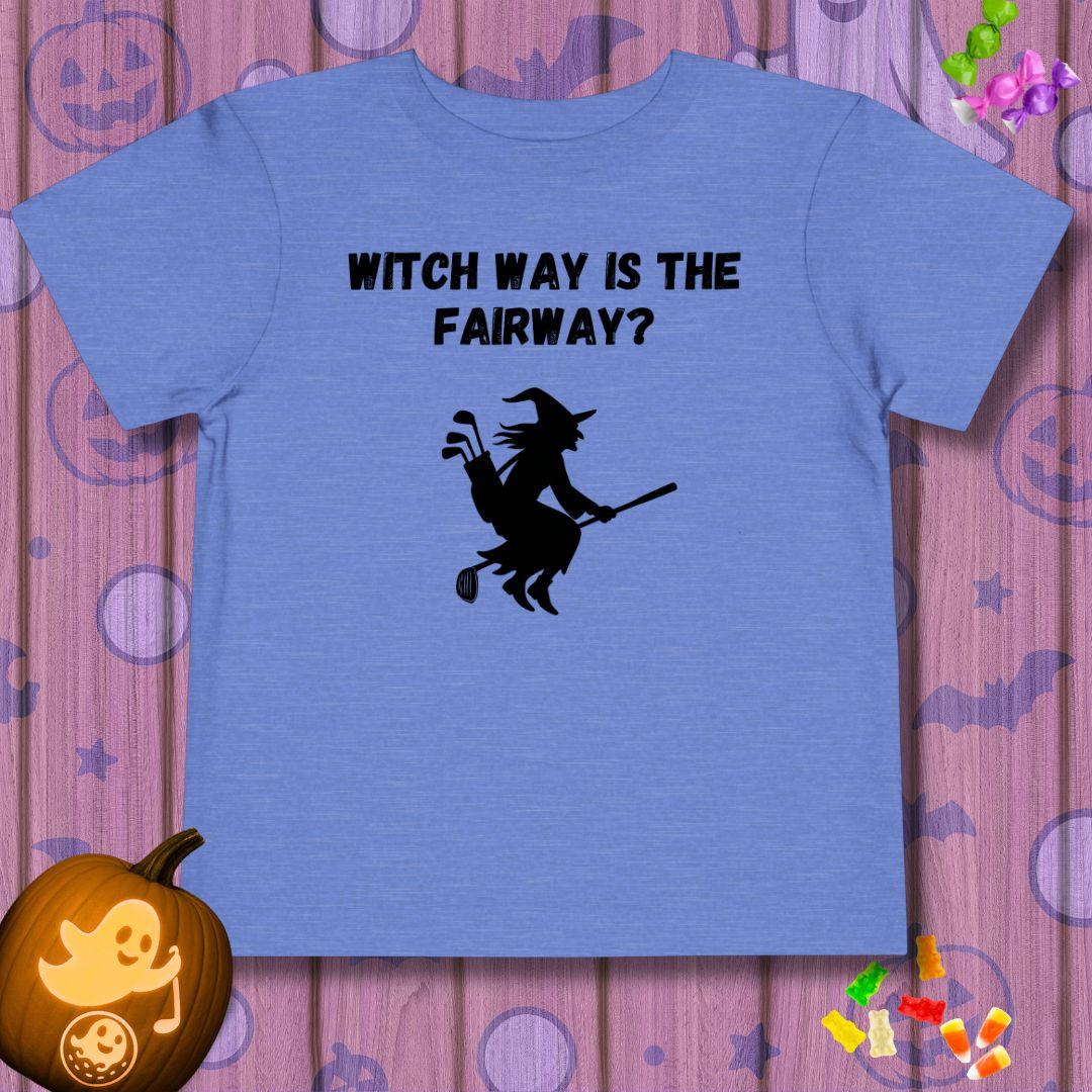 Witch Way is the Fairway? - Toddler Halloween T-shirt in Heather Columbia Blue, great for casual wear. Find more fun golf focused products at oneforetheages.com