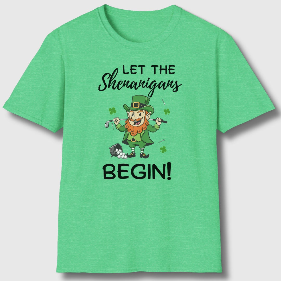 Let The Shenanigans Begin - Adult Golf T-Shirt in Heather Irish Green