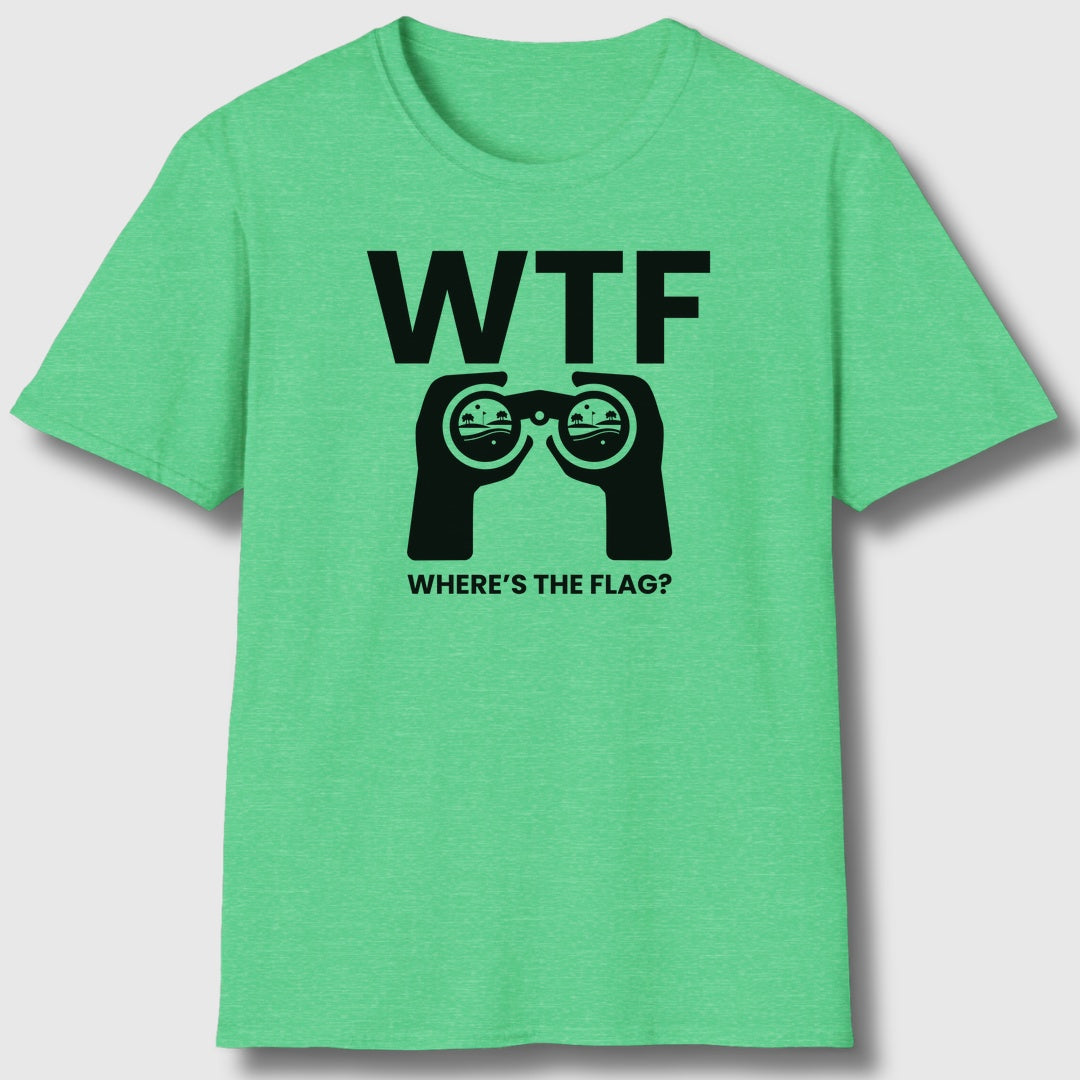 WTF - Where's the Flag - Adult Golf T-Shirt in Heather Irish Green