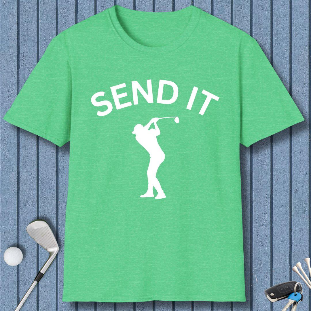 SEND IT - Male Golfer T-Shirt in Heather Irish Green, great for casual wear. Find more fun golf focused products at oneforetheages.com