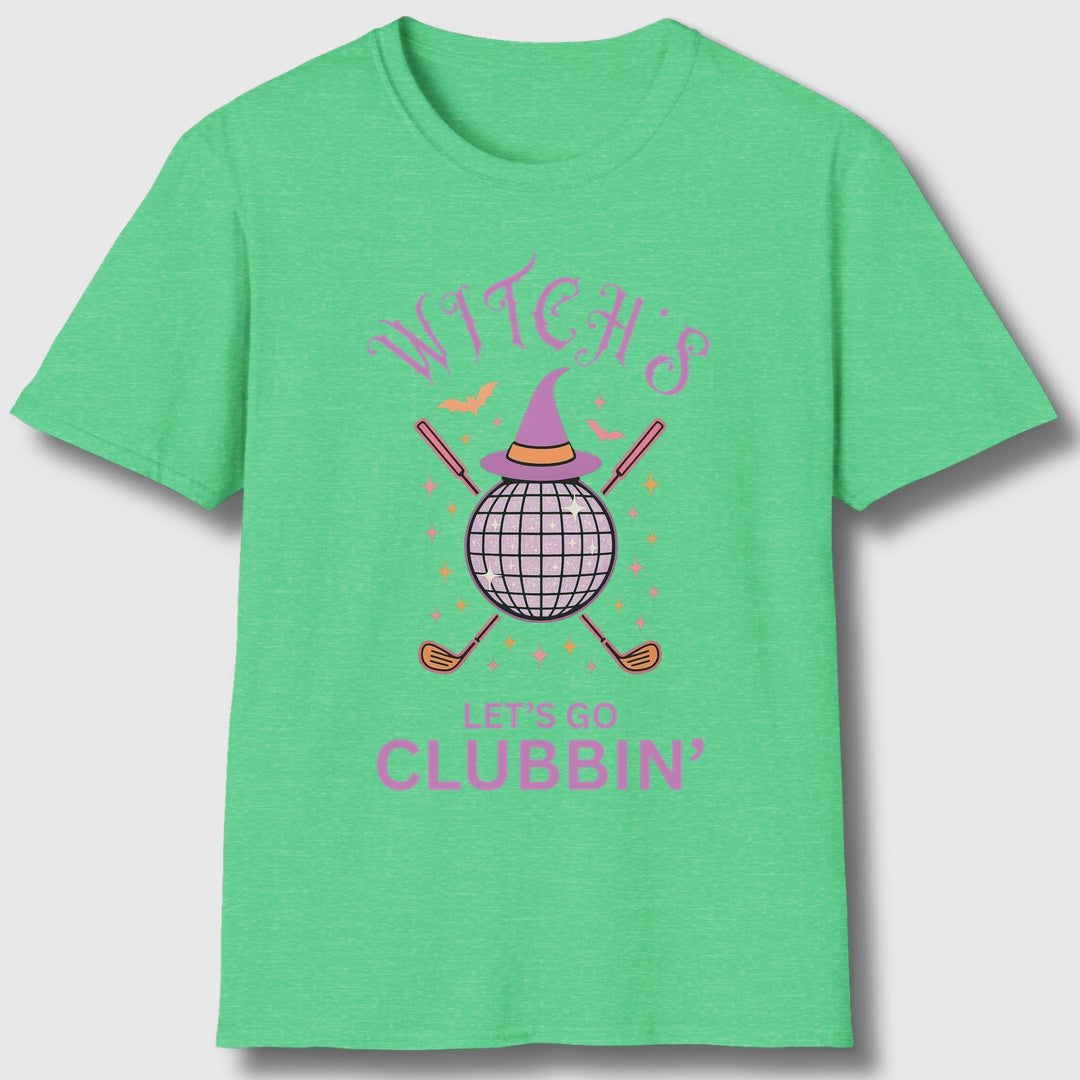 Witches, Let's Go Clubbin'! - Adult Golf T-Shirt in Heather Irish Green
