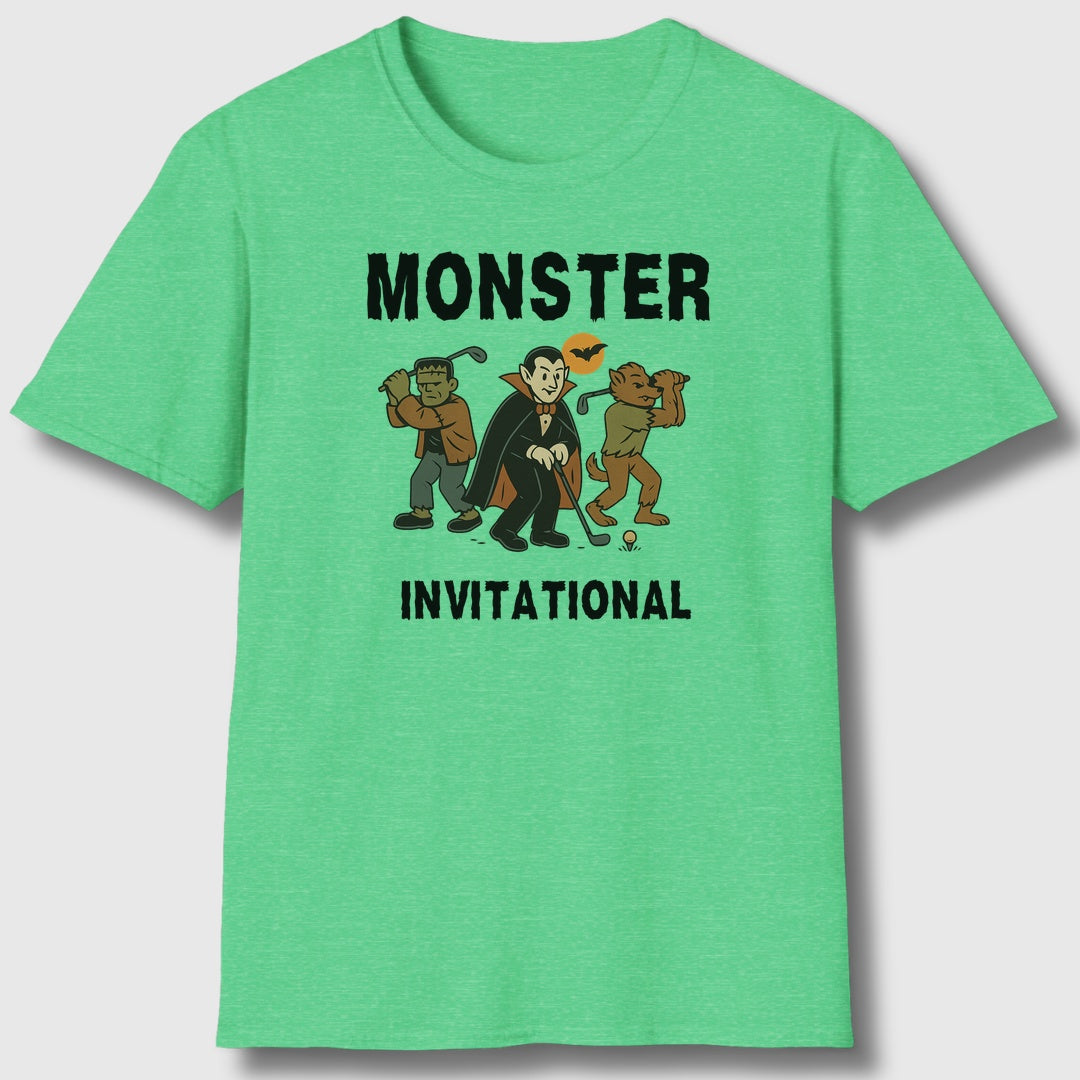 Monster Invitational - Adult Golf T-Shirt in Heather Irish Green