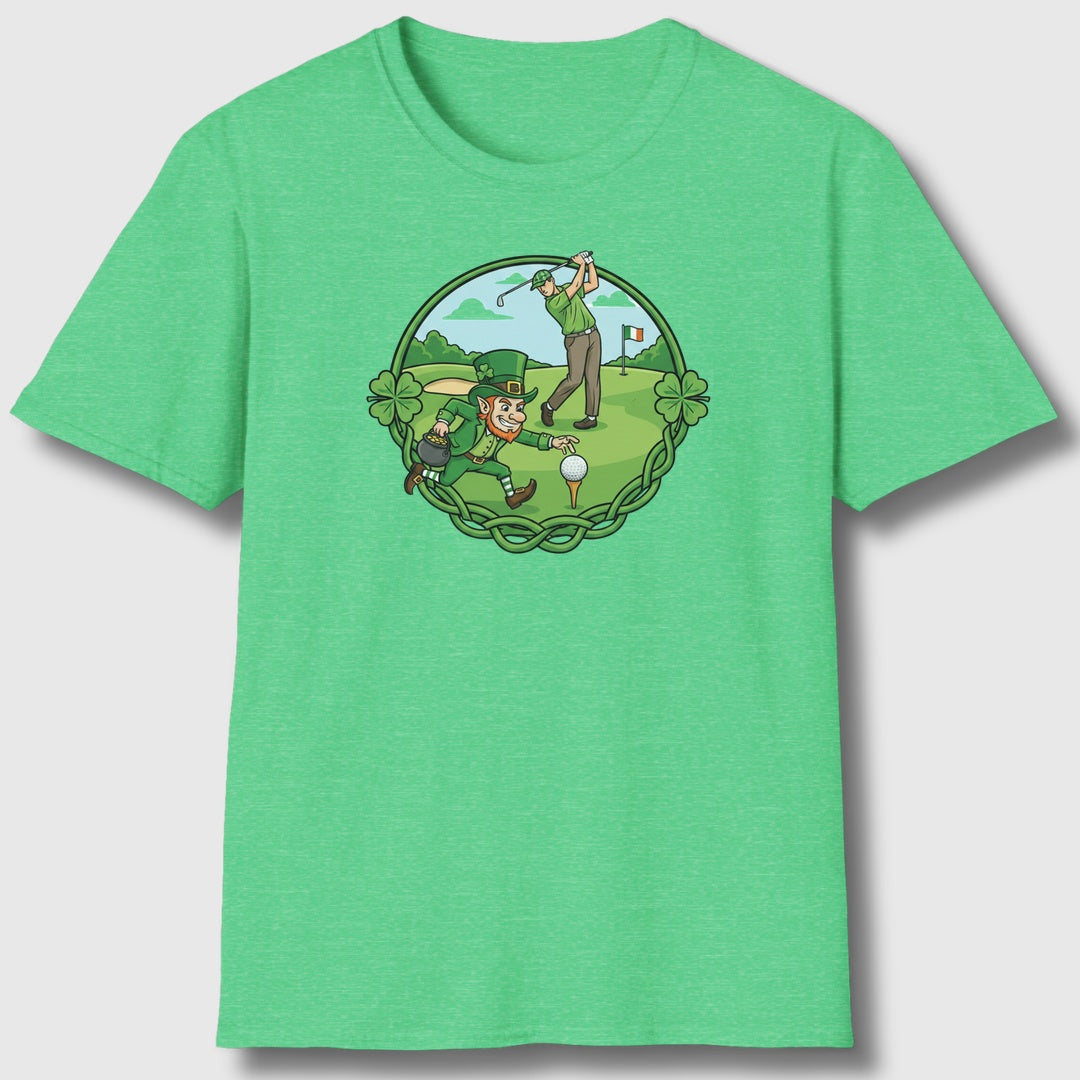 The Leprechaun Stole My Ball! - Adult Golf T-Shirt in Heather Irish Green