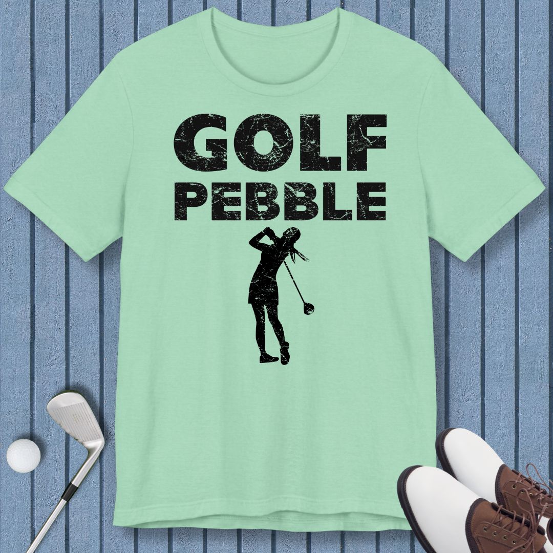 Golf Pebble - Female T-shirt in Heather Mint, great for casual wear. Find more fun golf focused products at oneforetheages.com