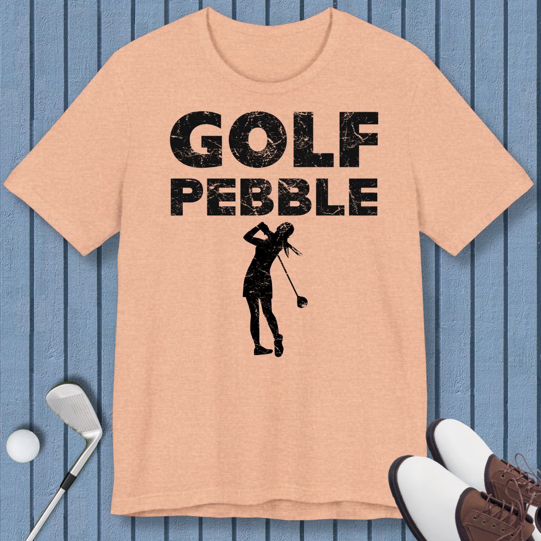 Golf Pebble - Female T-shirt in Heather Peach, great for casual wear. Find more fun golf focused products at oneforetheages.com