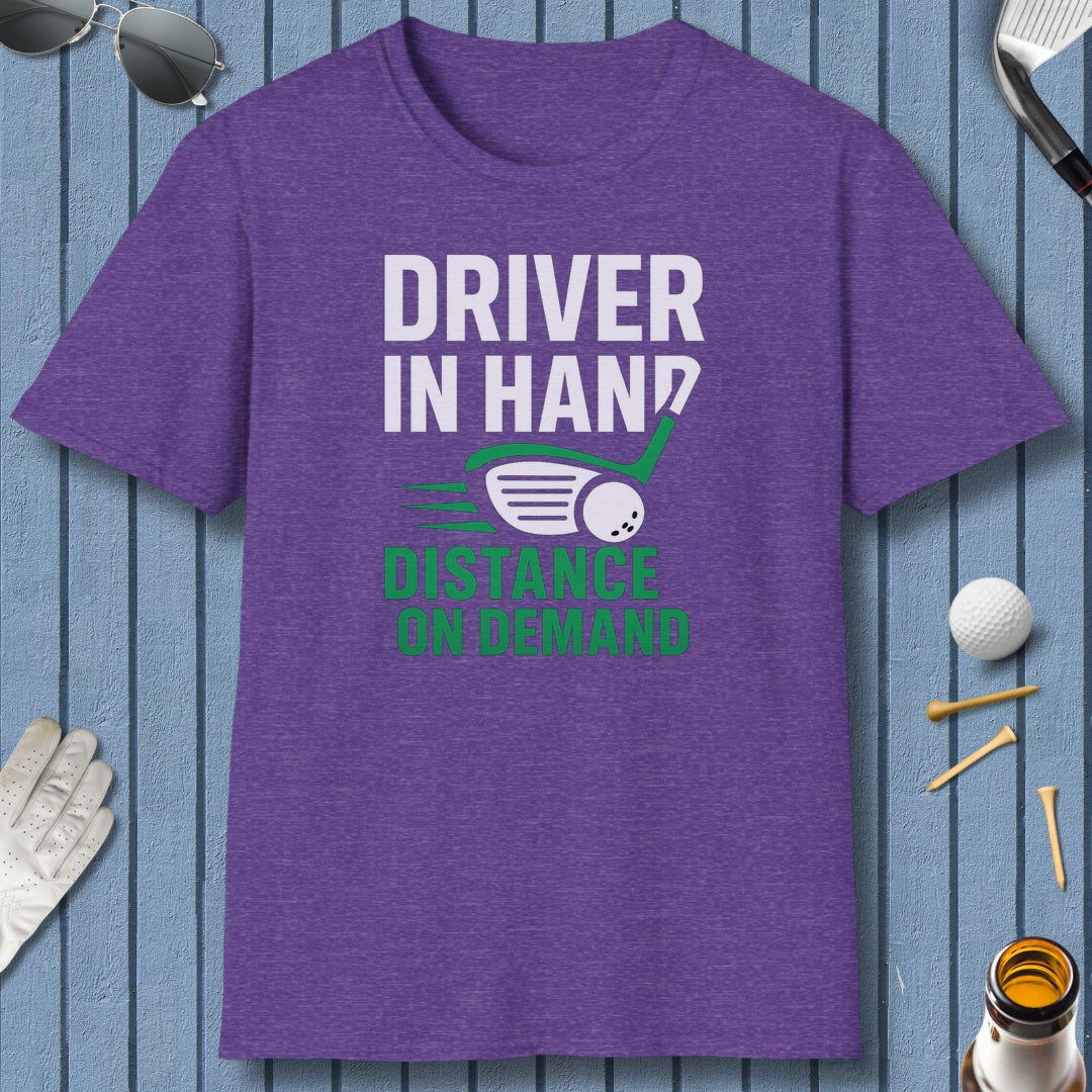 Driver in Hand - Distance on Demand - Adult Golf T-Shirt in Heather Purple