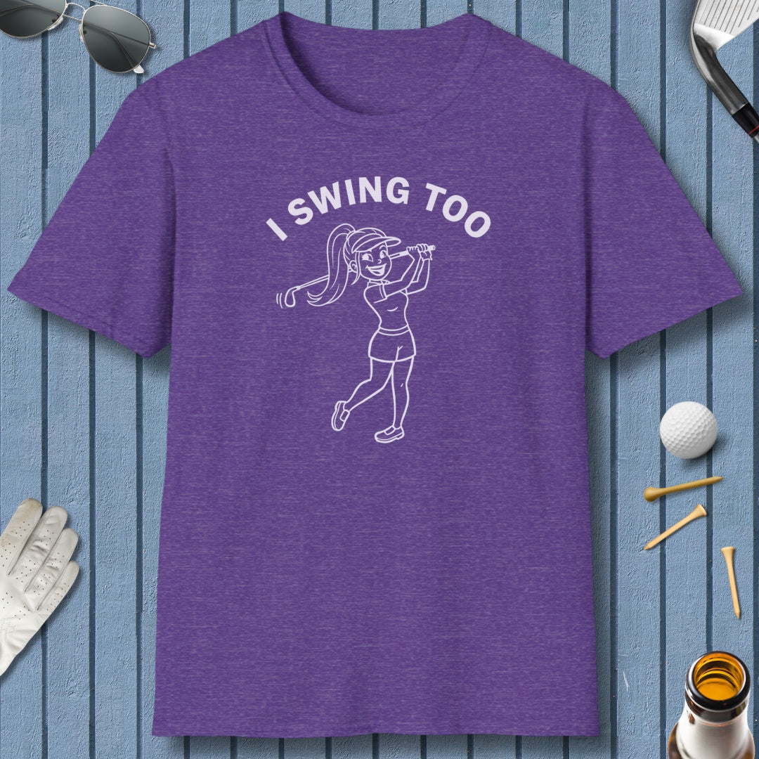 Retro I SWING TOO Women's Golf T-Shirt - Adult Golf T-Shirt in Heather Purple