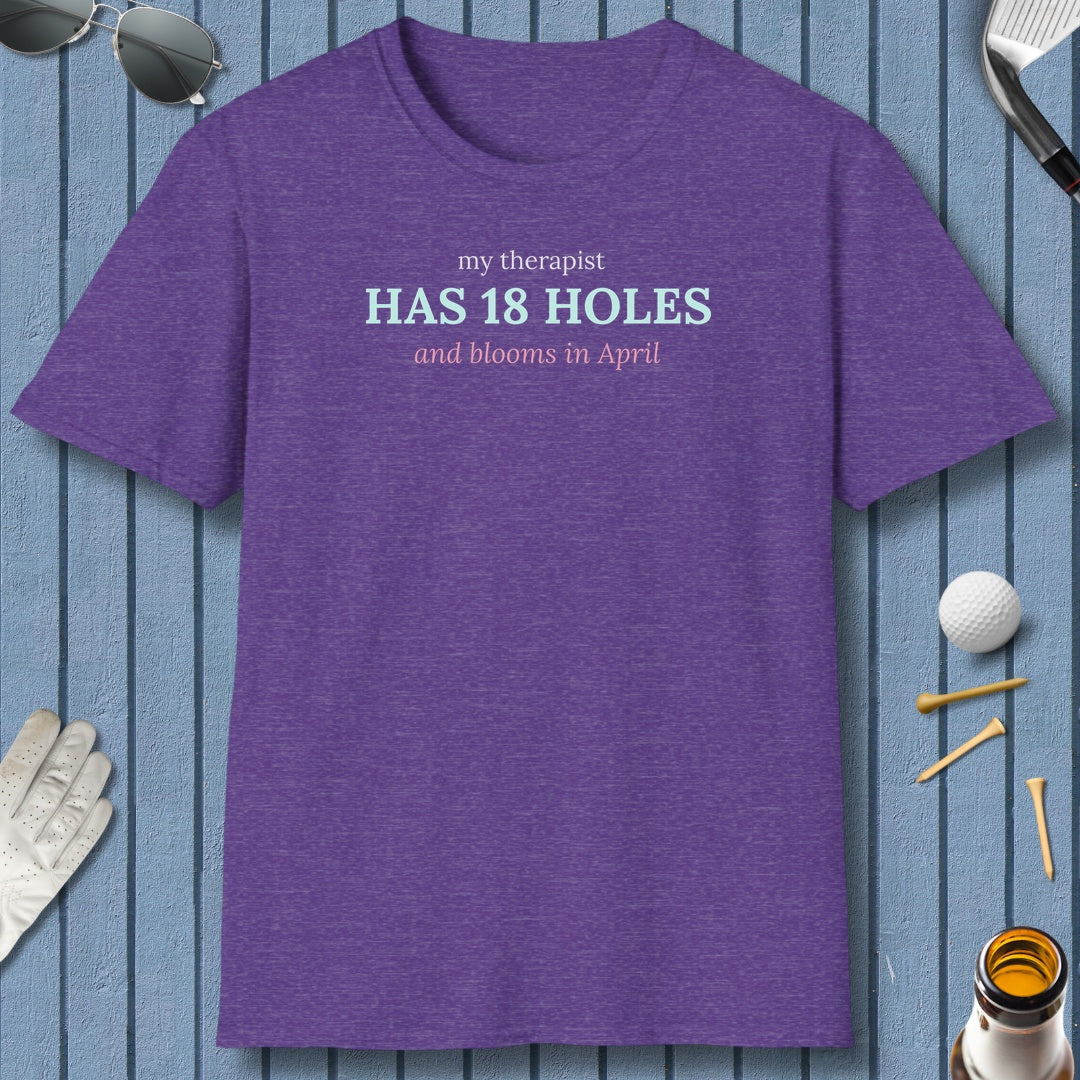 My Therapist Has 18 Holes and Blooms in April - Adult Golf T-Shirt in Heather Purple
