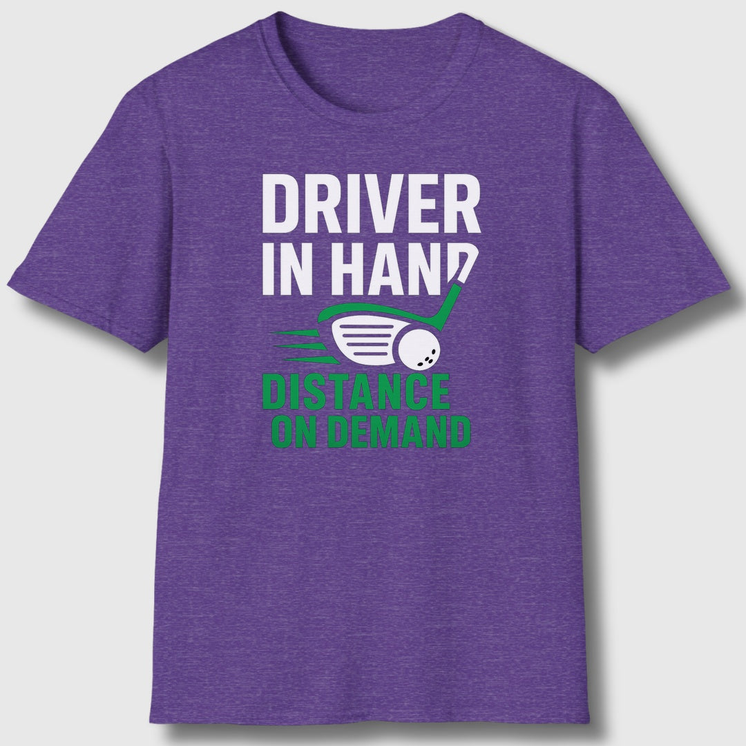 Driver in Hand - Distance on Demand - Adult Golf T-Shirt in Heather Purple