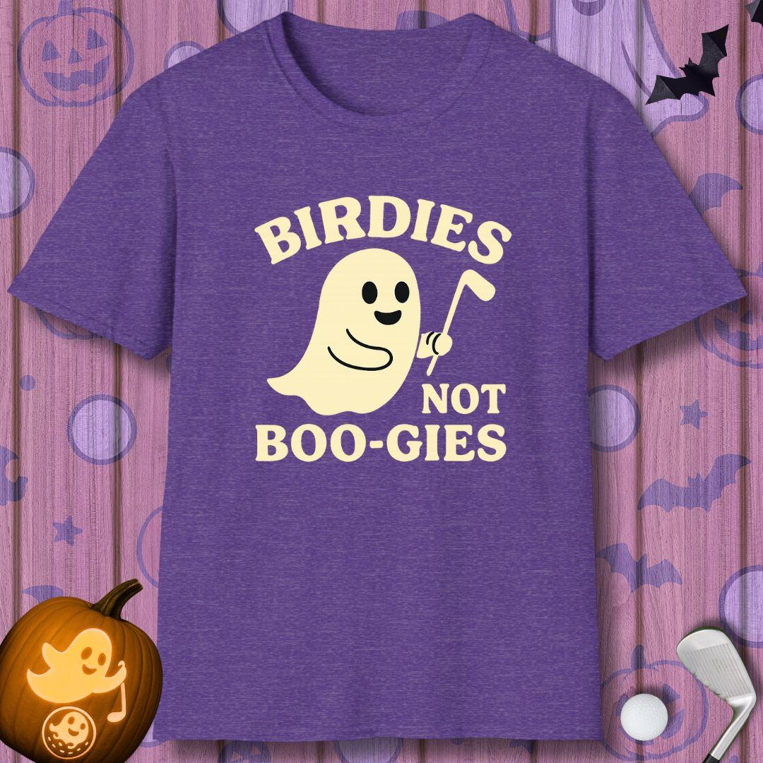 Birdies not BOO-GIES - Halloween T-shirt in Heather Purple, great for casual wear. Find more fun golf focused products at oneforetheages.com