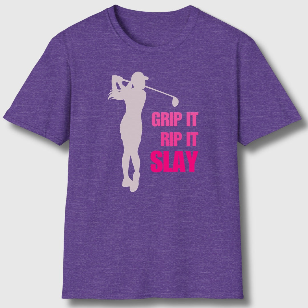 GRIP IT, RIP IT, SLAY (Female) - Adult Golf T-Shirt in Heather Purple