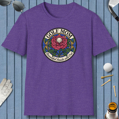 GOLF MOM: BEAUTIFUL INSIDE AND OUT, Stained Glass Rose Tee - Adult Golf T-Shirt in Heather Purple