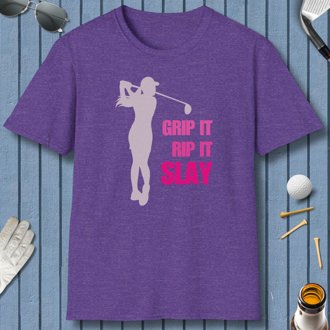 GRIP IT, RIP IT, SLAY (Female) - Adult Golf T-Shirt in Heather Purple