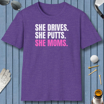 SHE DRIVES. SHE PUTTS. SHE MOMS. - Adult Golf T-Shirt in Heather Purple