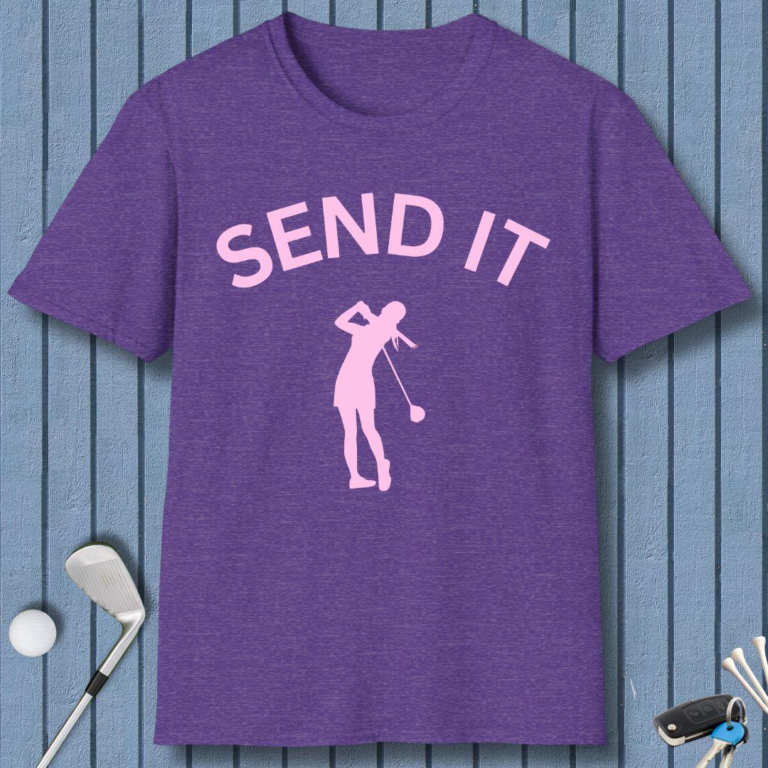 SEND IT - Female - T-Shirt in Heather Purple, great for casual wear. Find more fun golf focused products at oneforetheages.com