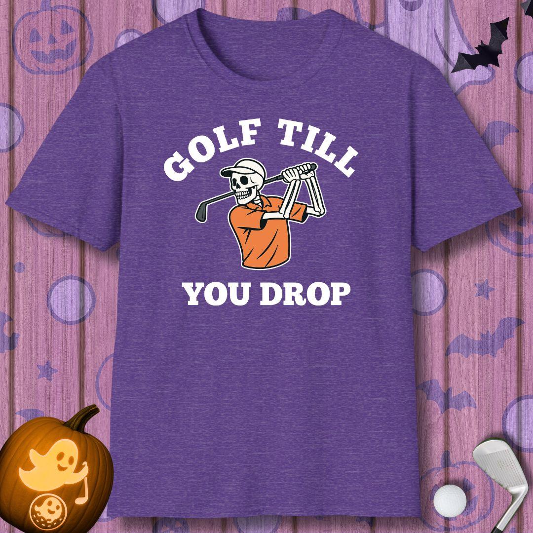 Golf Till You Drop - Halloween T-shirt in Heather Purple, great for casual wear. Find more fun golf focused products at oneforetheages.com
