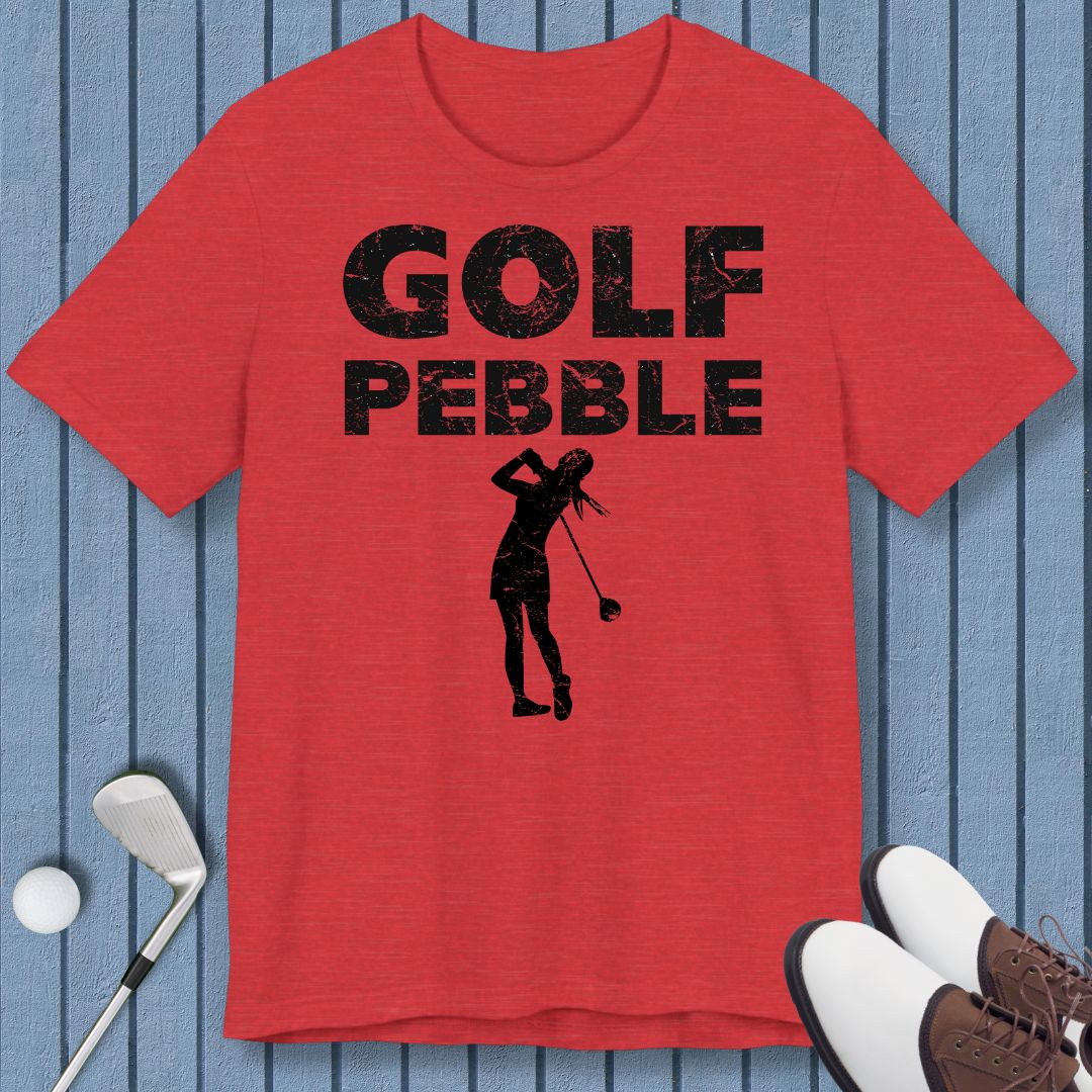 Golf Pebble - Female T-shirt in Heather Red, great for casual wear. Find more fun golf focused products at oneforetheages.com
