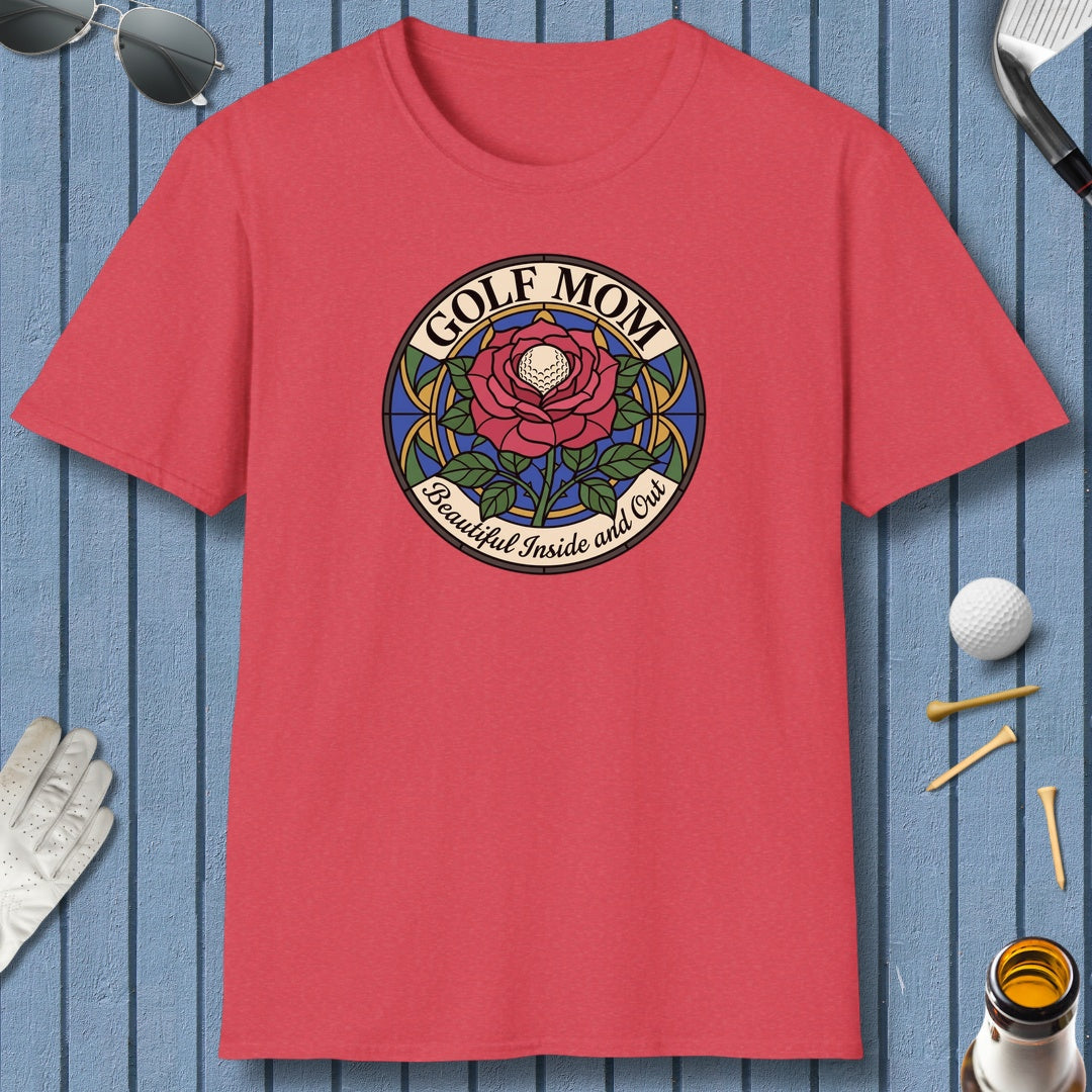 GOLF MOM: BEAUTIFUL INSIDE AND OUT, Stained Glass Rose Tee - Adult Golf T-Shirt in Heather Red
