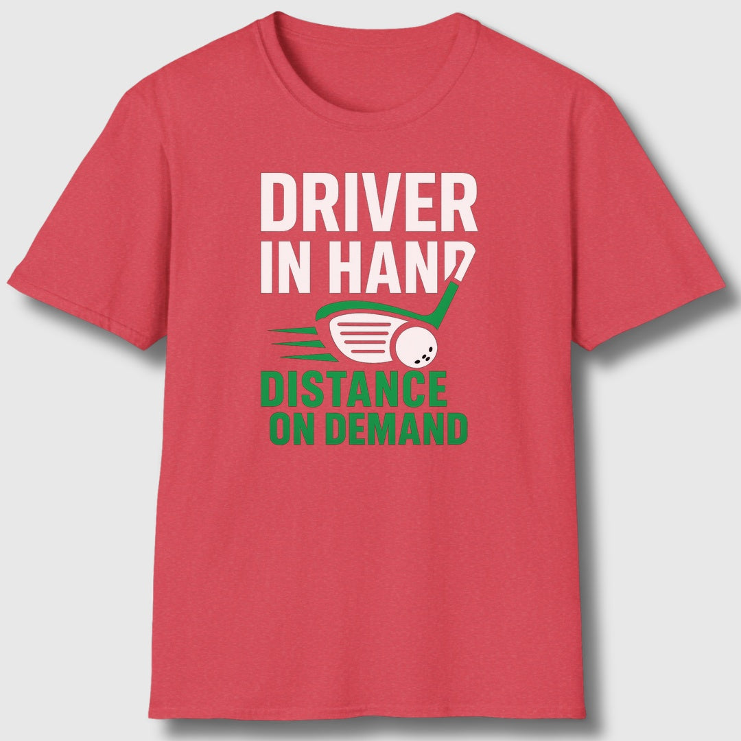 Driver in Hand - Distance on Demand - Adult Golf T-Shirt in Heather Red
