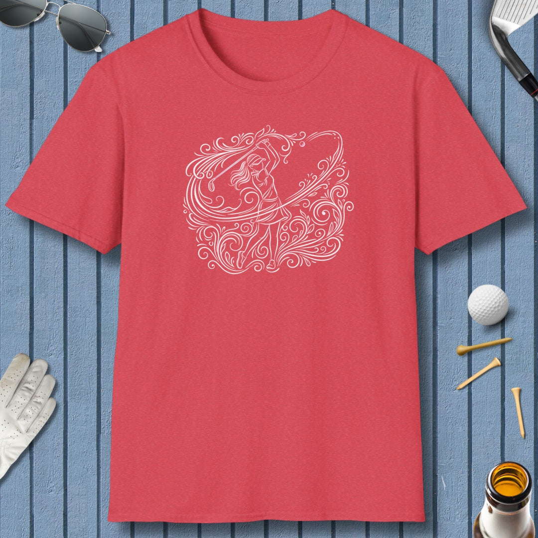 EVERY SWING TELLS A STORY - Women's Golf Vine Art - Adult Golf T-Shirt in Heather Red