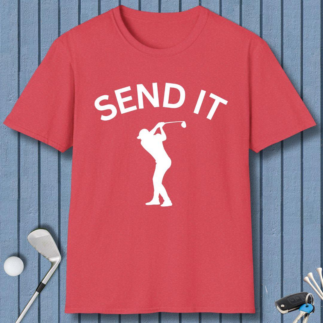 SEND IT - Male Golfer T-Shirt in Heather Red, great for casual wear. Find more fun golf focused products at oneforetheages.com