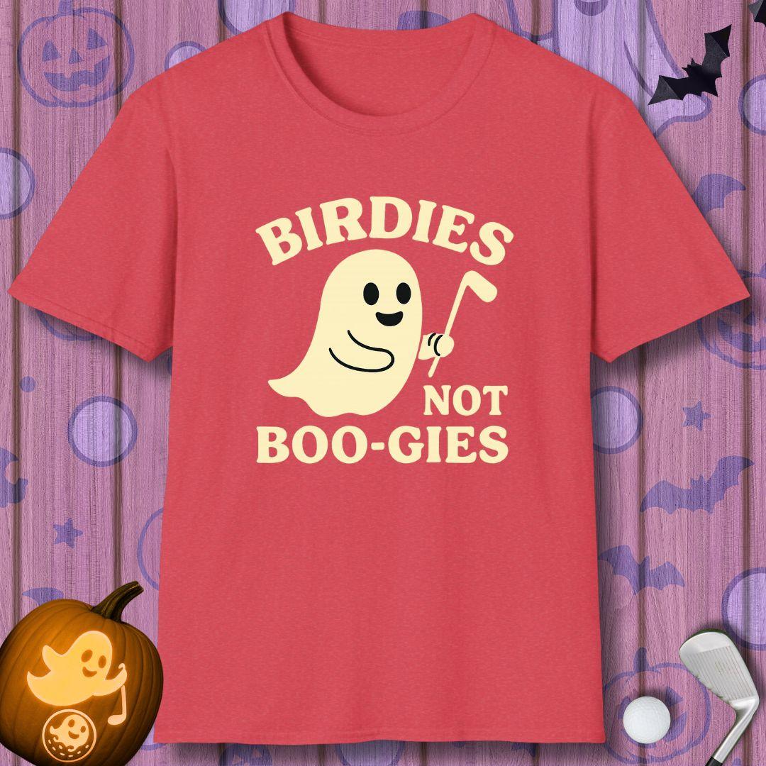 Birdies not BOO-GIES - Halloween T-shirt in Heather Red, great for casual wear. Find more fun golf focused products at oneforetheages.com