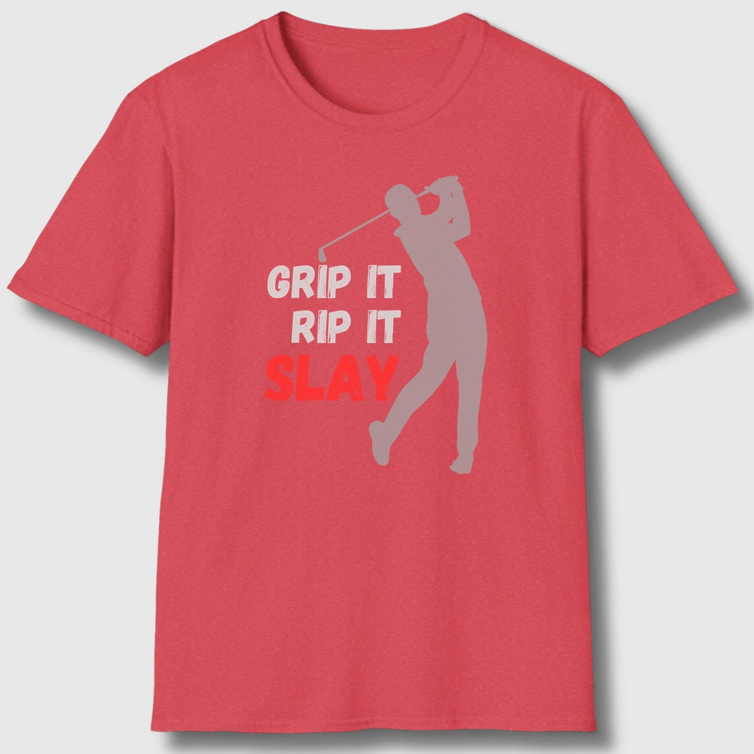 GRIP IT, RIP IT, SLAY (Male) - Adult Golf T-Shirt in Heather Red