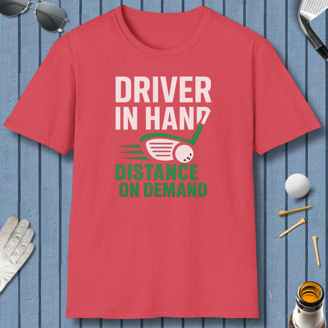 Driver in Hand - Distance on Demand - Adult Golf T-Shirt in Heather Red