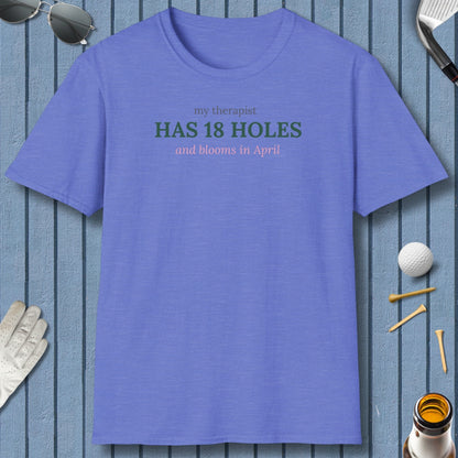 My Therapist Has 18 Holes and Blooms in April - Adult Golf T-Shirt in Heather Royal