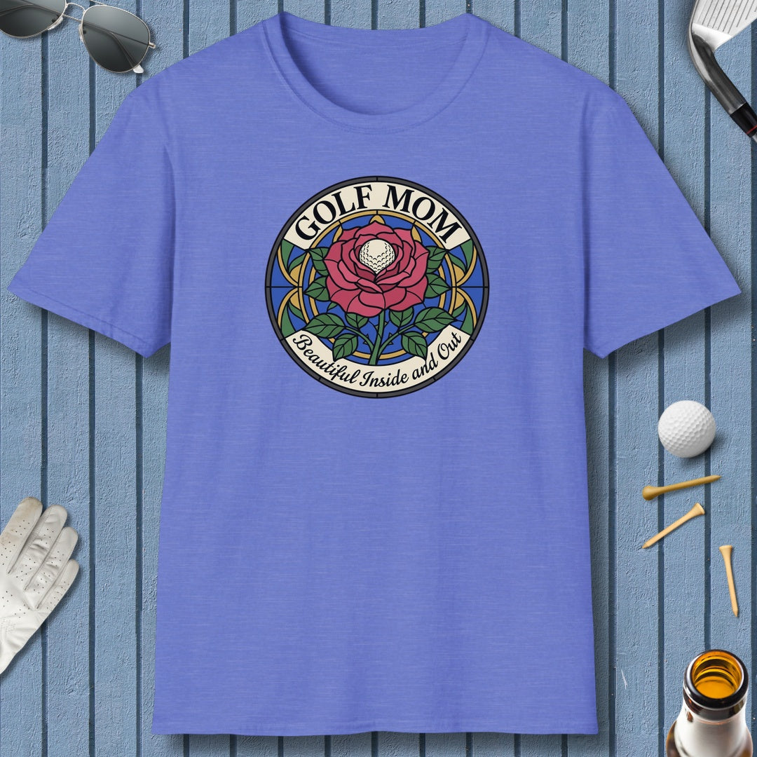 GOLF MOM: BEAUTIFUL INSIDE AND OUT, Stained Glass Rose Tee - Adult Golf T-Shirt in Heather Royal