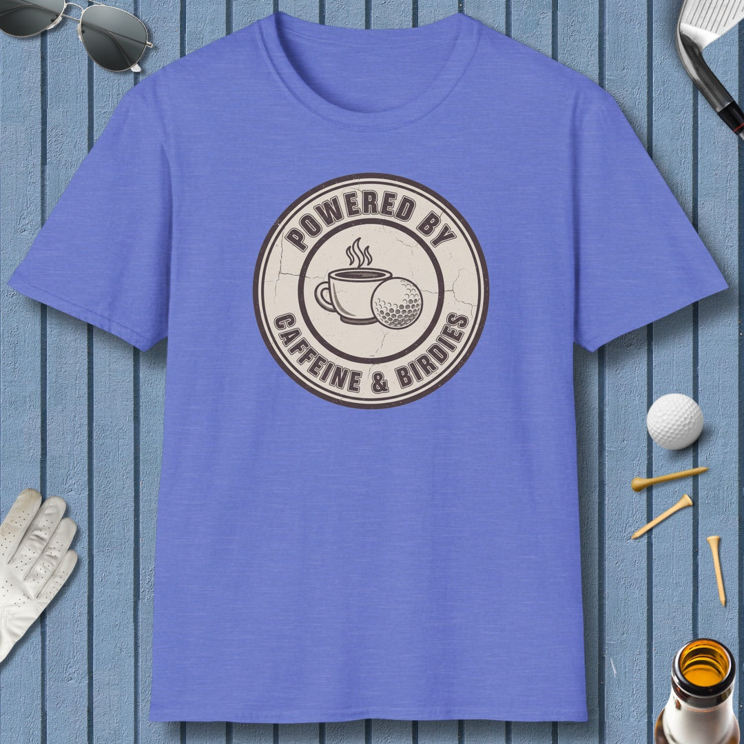 Powered by Caffeine & Birdies - Adult Golf T-Shirt in Heather Royal