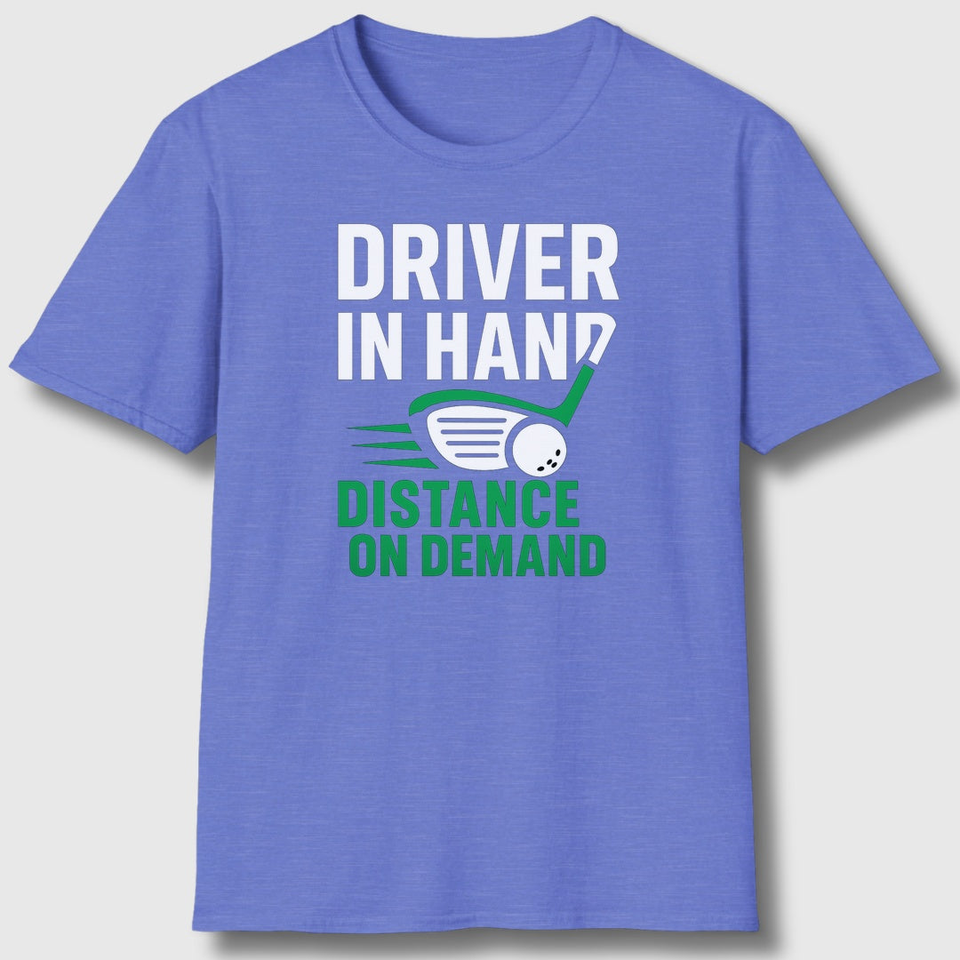 Driver in Hand - Distance on Demand - Adult Golf T-Shirt in Heather Royal