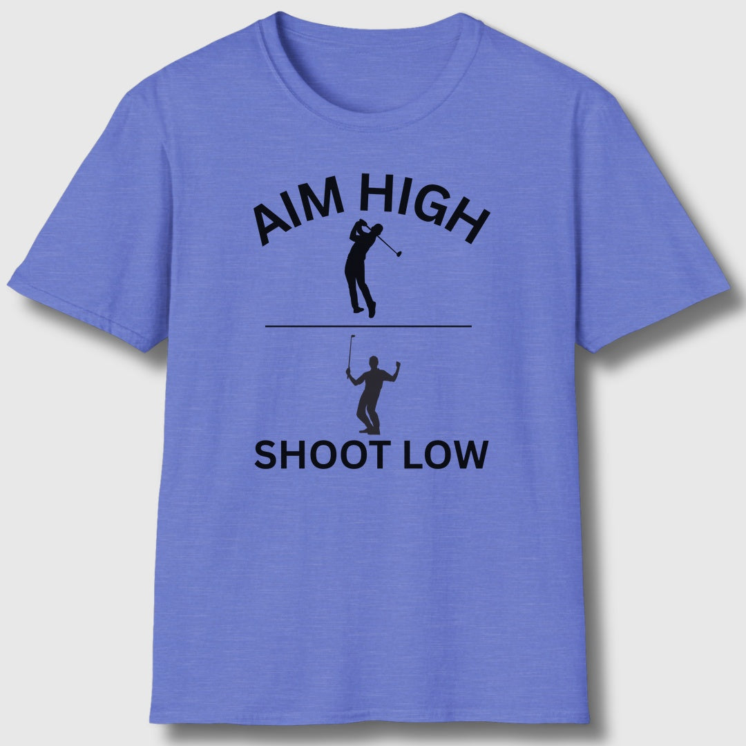 Aim High - Shoot Low (Male) - Adult Golf T-Shirt in Heather Royal
