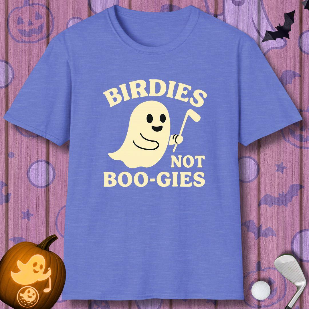 Birdies not BOO-GIES - Halloween T-shirt in Heather Royal, great for casual wear. Find more fun golf focused products at oneforetheages.com
