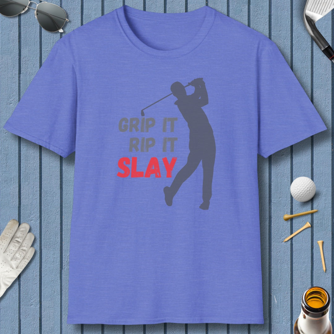 GRIP IT, RIP IT, SLAY (Male) - Adult Golf T-Shirt in Heather Royal
