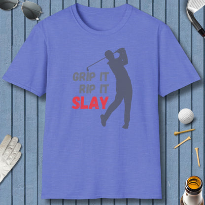 GRIP IT, RIP IT, SLAY (Male) - Adult Golf T-Shirt in Heather Royal