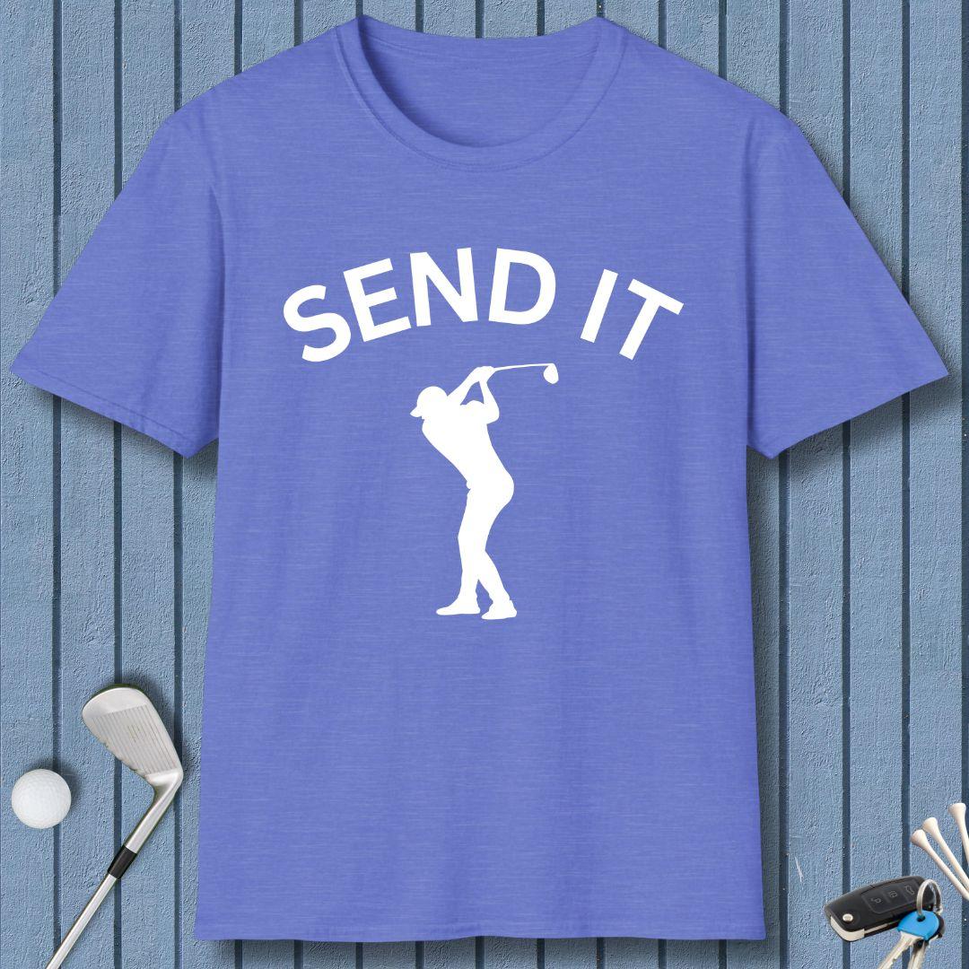 SEND IT - Male Golfer T-Shirt in Heather Royal, great for casual wear. Find more fun golf focused products at oneforetheages.com