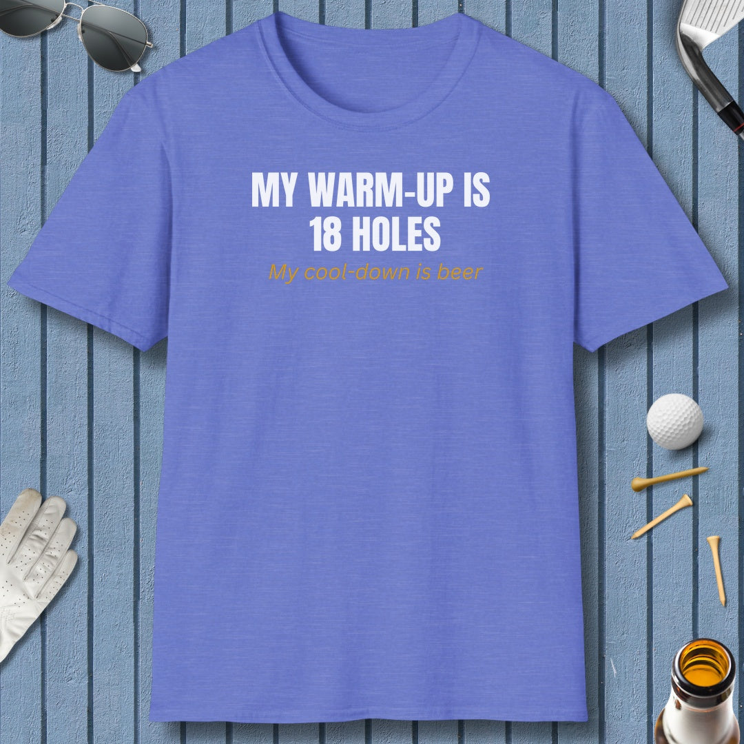 My Warm-Up Is 18 Holes. My Cool-Down Is Beer. - Adult Golf T-Shirt in Heather Royal