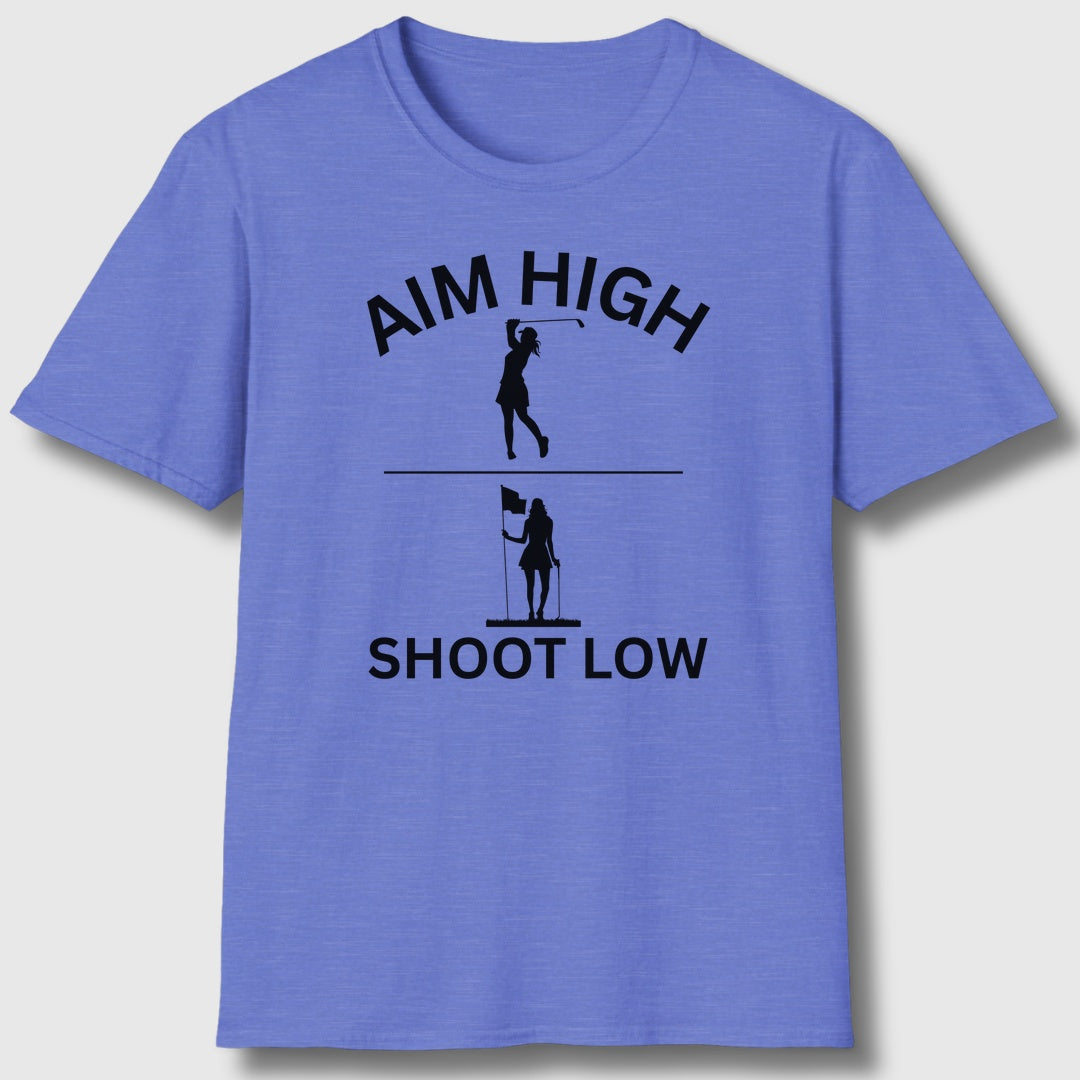 Aim High - Shoot Low (Female) - Adult Golf T-Shirt in Heather Royal