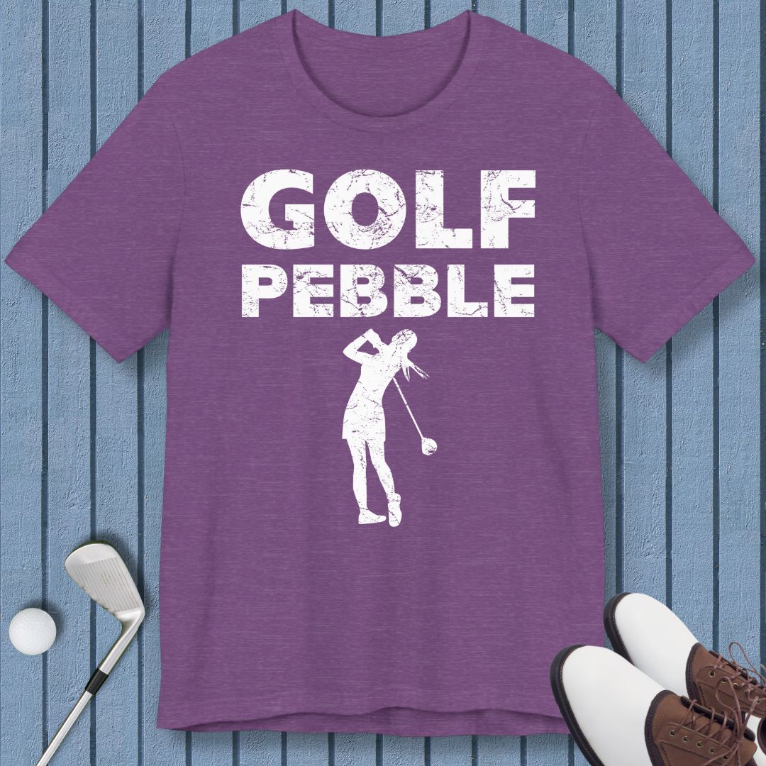 Golf Pebble - Female T-shirt in Heather Team Purple, great for casual wear. Find more fun golf focused products at oneforetheages.com