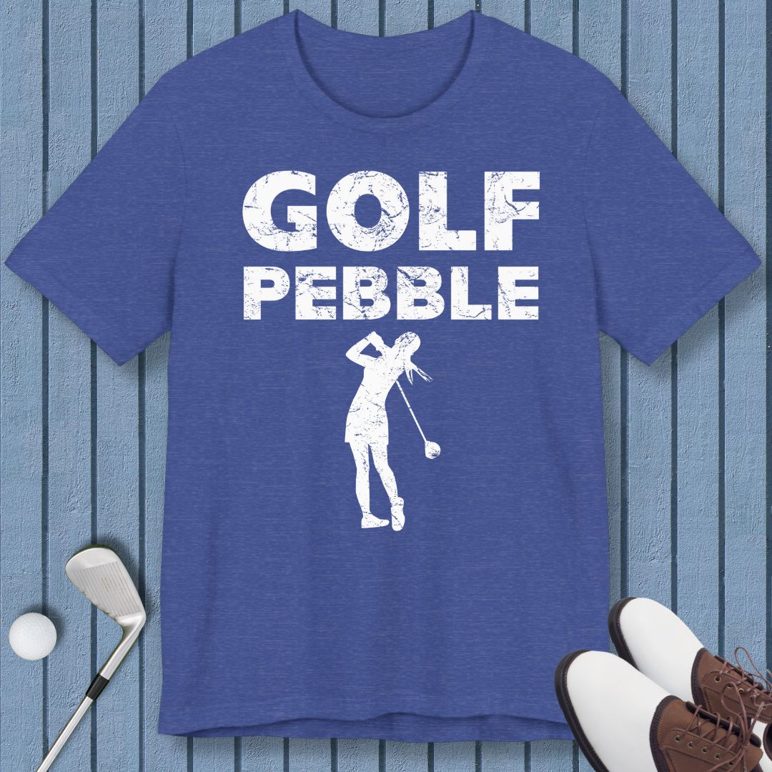 Golf Pebble - Female T-shirt in Heather True Royal, great for casual wear. Find more fun golf focused products at oneforetheages.com