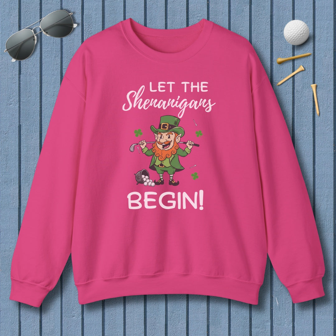 Let The Shenanigans Begin - Adult Golf Sweatshirt in Heliconia