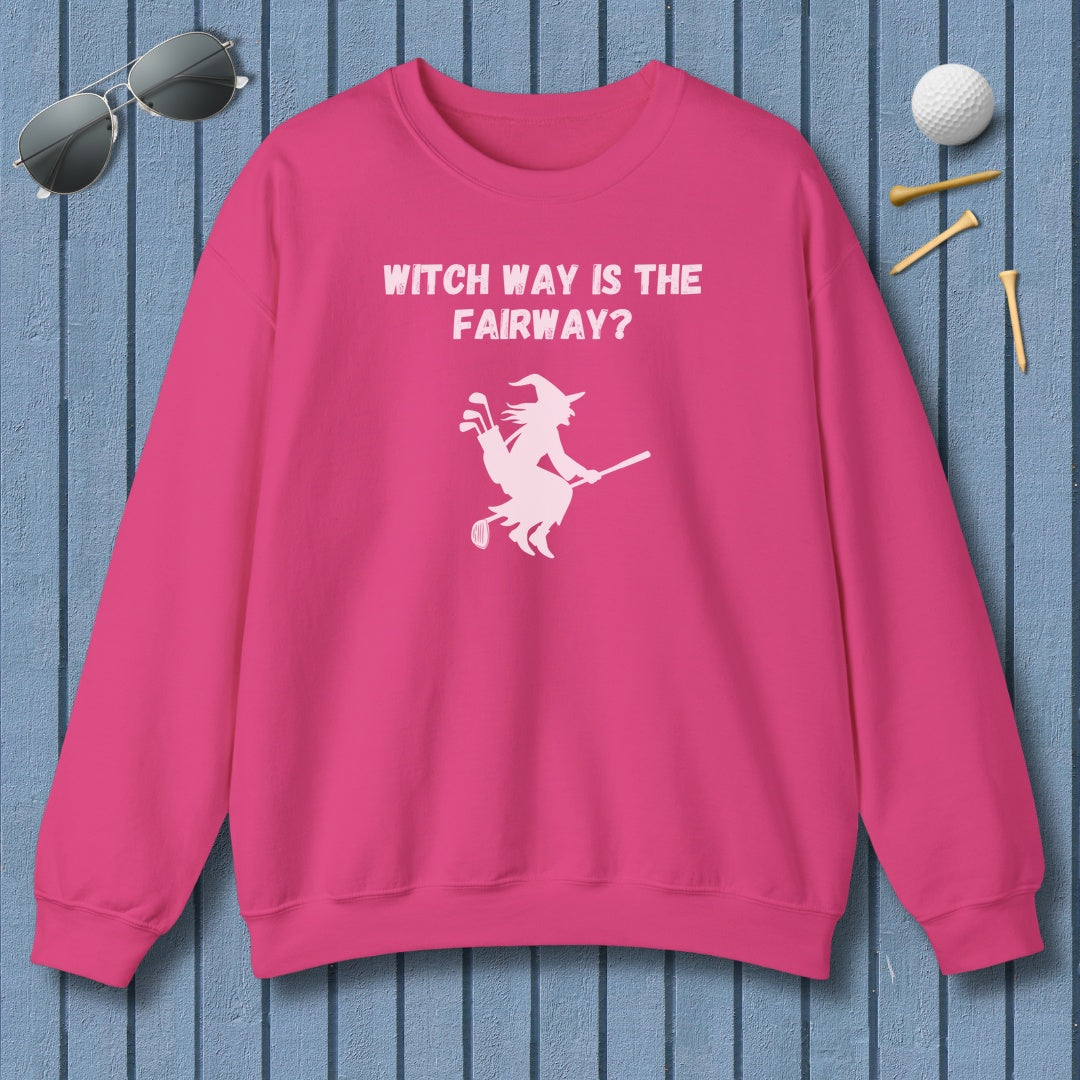 Witch Way is the Fairway - Adult Golf Sweatshirt in Heliconia