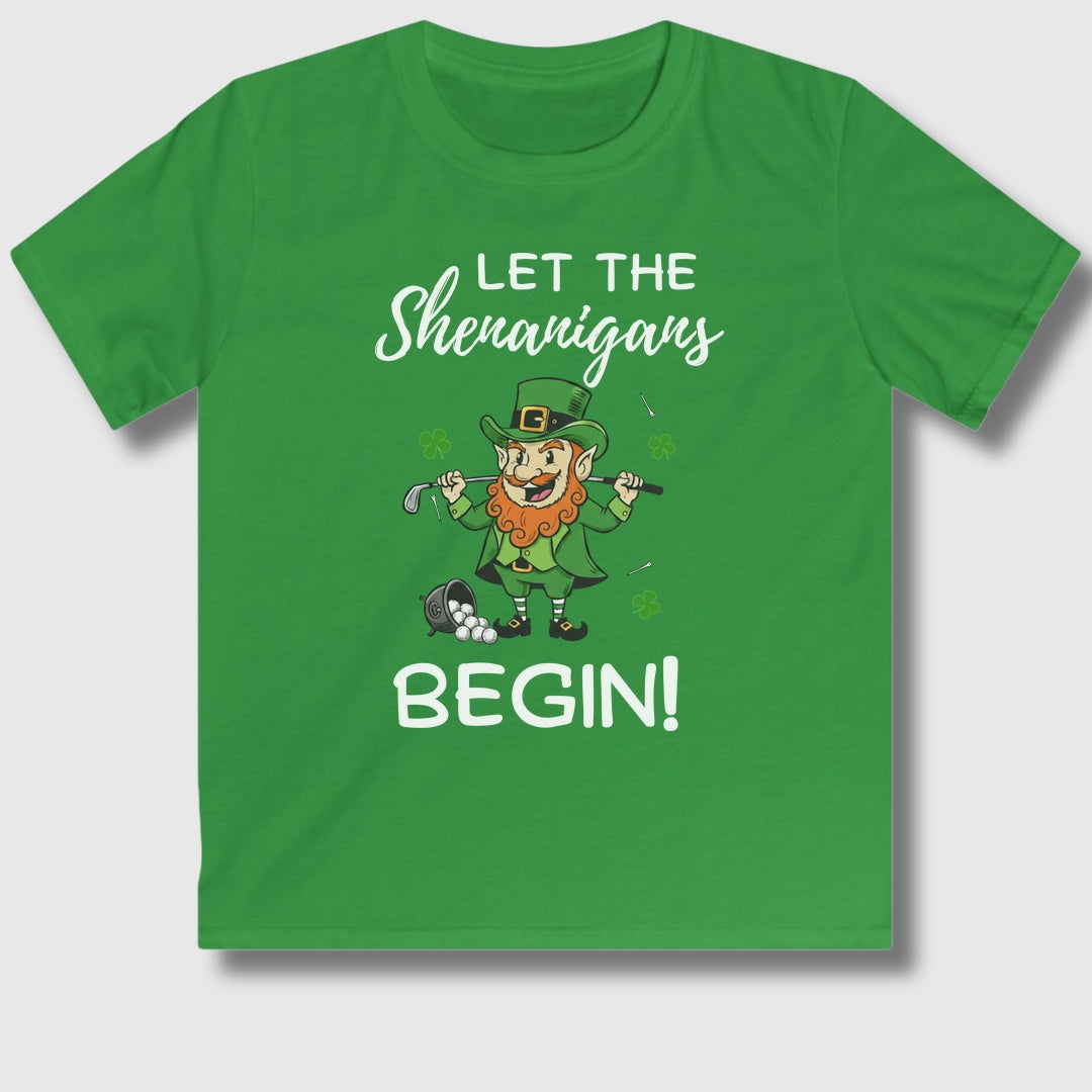 Let The Shenanigans Begin - Youth Golf T-Shirt in Irish Green