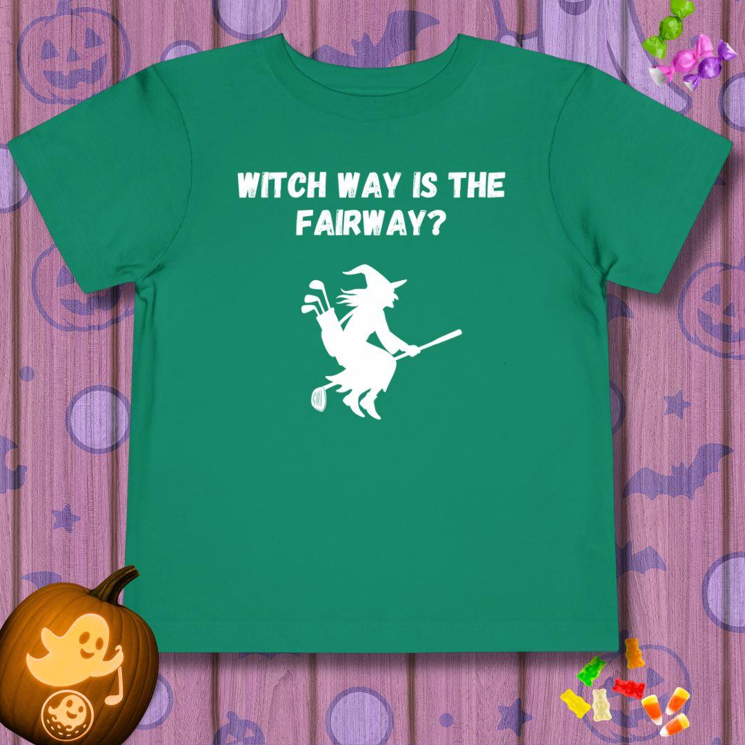 Witch Way is the Fairway? - Toddler Halloween T-shirt in Kelly, great for casual wear. Find more fun golf focused products at oneforetheages.com