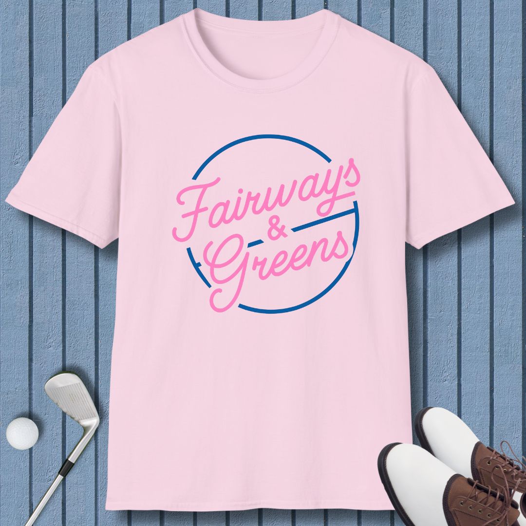 Fairways & Greens - T-shirt in Soft Pink, great for casual wear. Find more fun golf focused products at oneforetheages.com