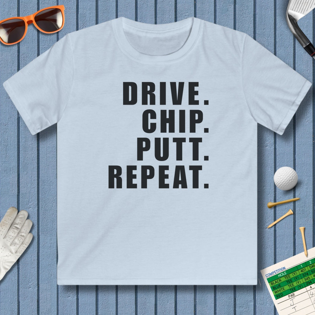 DRIVE CHIP PUTT REPEAT - Youth Golf T-Shirt in Light Blue